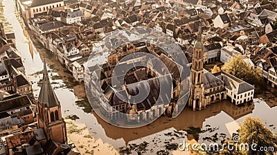 Aerial drone photo of the town showing the flooded fields from on a rainy day during a large flood after a storm Stock Photo