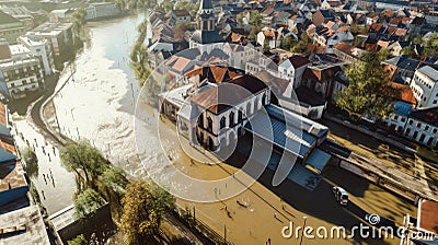 Aerial drone photo of the town showing the flooded fields from on a rainy day during a large flood after a storm Stock Photo