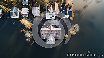 Aerial drone photo of the town showing the flooded fields from on a rainy day during a large flood after a storm Stock Photo