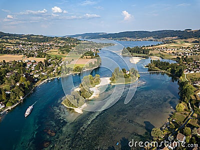Aerial Drone photography of the beginning part of Rhine river at Lake Constance Stock Photo
