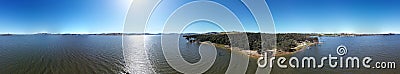 The aerial drone point of view in 360 degree photography at Bowna Waters Reserve is natural parkland on the foreshore of Lake Hume Stock Photo