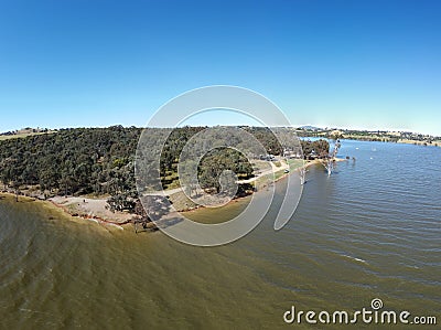 The aerial drone point of view photography at Bowna Waters Reserve is natural parkland on the foreshore of Lake Hume Stock Photo