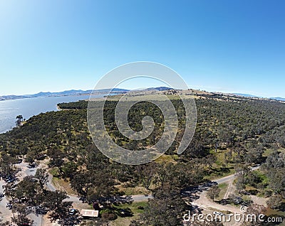 The aerial drone point of view photography at Bowna Waters Reserve is natural parkland on the foreshore of Lake Hume Stock Photo