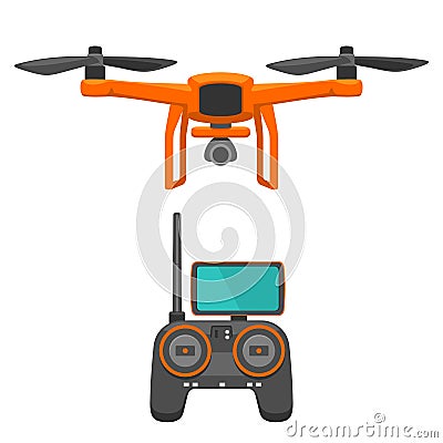 Aerial Drone with remote control. Vector flat Vector Illustration