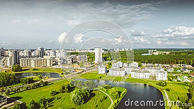 Aerial drone shoot with top view near national library in Minsk, Belarus. Beauty morning sunrise with modern architecture, road, c Stock Photo