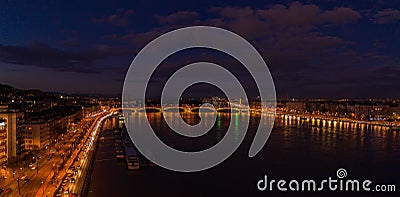 Aerial drone shot of Danube river with Magaret bridge in Budapest evening Stock Photo