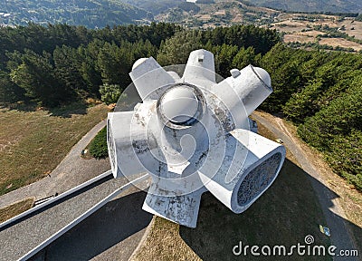 Aerial drone shot of Ilinden, Krusevo spomenik, a memorial for the Ottoman era uprising and partisan in Macedonia Editorial Stock Photo