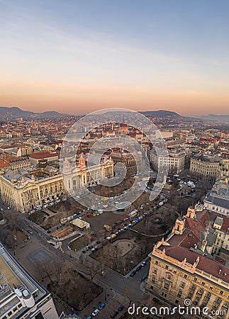 Aerial drone shot of liberty square with Parliament before Budapest sunrise Stock Photo