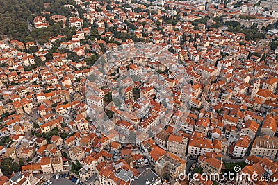 Aerial drone shot of residents buildings near Marjan Diocletian Palace in sunrise in Split Croatia Stock Photo