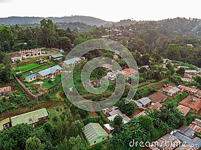 Aerial Drone Shot of Terraces on a Slope of Mountain in Lushoto village in Usambara Mountains. Remote Place in Tanga Stock Photo