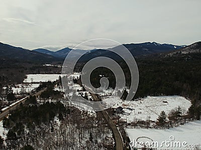 Aerial Drone shot of winter in the Adirondack Mountains High Peaks Region Stock Photo