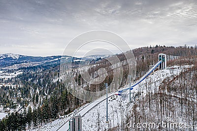 Aerial drone on ski jump tower in Wisla Malinka Stock Photo