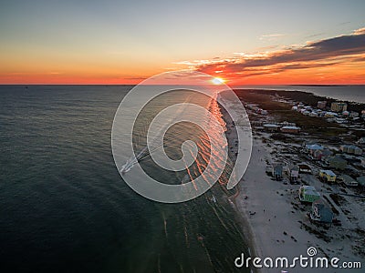 Aerial Drone Sunset Photo - Ocean & Beaches of Gulf Shores / Fort Morgan Alabama Stock Photo