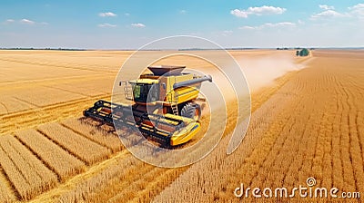 Aerial drone top view Big powerful industrial combine harvester machine reaping golden ripe wheat cereal field on bright summer or Stock Photo