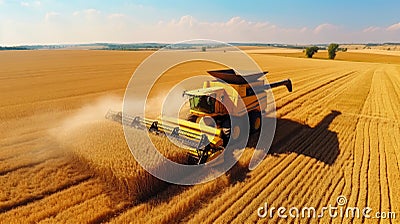 Aerial drone top view Big powerful industrial combine harvester machine reaping golden ripe wheat cereal field on bright summer or Stock Photo