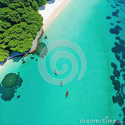 Aerial drone top view of happy relax at tropical Beach with Beautiful beach is famous tourist destination at Holiday Cartoon Illustration