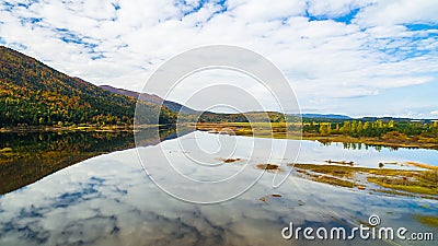 Aerial drone view of amazing autumn colors on the lake. Cerknisko lake, Slovenia Stock Photo