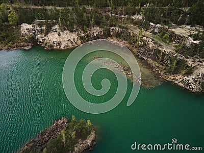 Aerial drone view Basalt columns Amazing industrial landscape Stock Photo