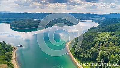 Aerial drone view on beautiful Solina lake in Polish Bieszczady Mountains. Stock Photo