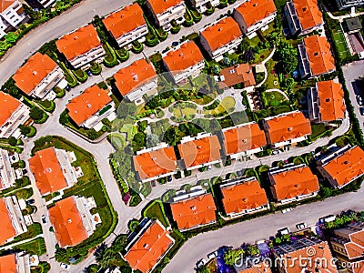 Aerial Drone View Brick Roof of Villas in the garden. Stock Photo