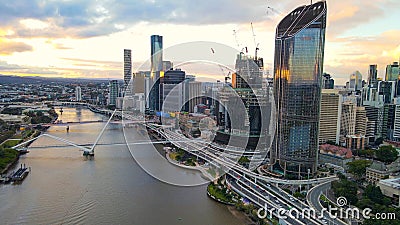Aerial drone view of Brisbane City, QLD, Australia showing the west facing side of the city along Brisbane River Stock Photo