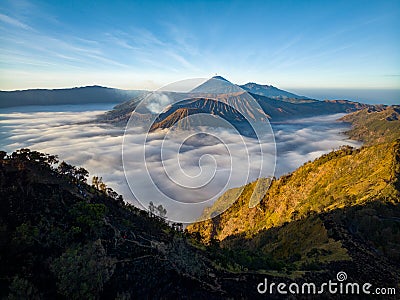 Aerial drone view of Bromo active volcano at sunrise,Tengger Semeru national park, Indonesia Stock Photo