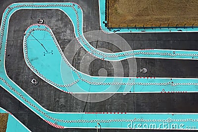 Aerial drone view of carting race track. Karting racetrack view above. Speedway kart field Stock Photo