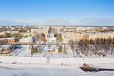 Aerial drone view of Church of three confessors with Volga river in Tver, Russia. Russian winter landscape Stock Photo