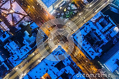 Aerial drone view on city intersection during winter night Stock Photo