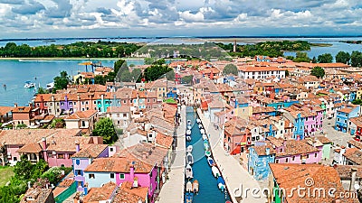 Aerial view of colorful Burano island in Venetian lagoon sea from above, Italy Stock Photo