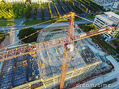 High above looking down on aerial drone view of Construction crane building new skyscrapers in Austin Texas Editorial Stock Photo