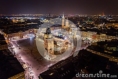 Aerial drone view on Cracow main square at night Stock Photo