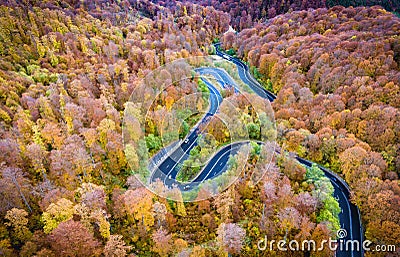 Aerial drone view of a curved winding road through the forest hi Stock Photo