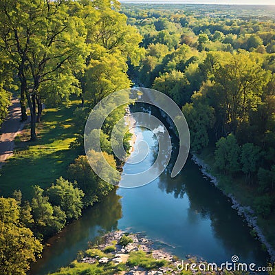 Aerial drone view of Dnieper and Dniester river near Kyiv, green islands from above, nature river landscape in spring, Stock Photo