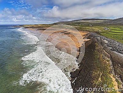 Aerial drone view on Fanore beach, county Clare, Ireland. Warm sunny day, Stock Photo