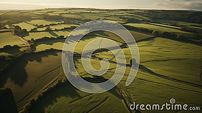 Aerial drone view of green agriculture fields and farmland Stock Photo