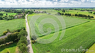 Aerial drone view of green fields and farm houses near canal, typical Dutch landscape, Holland, Netherlands Stock Photo
