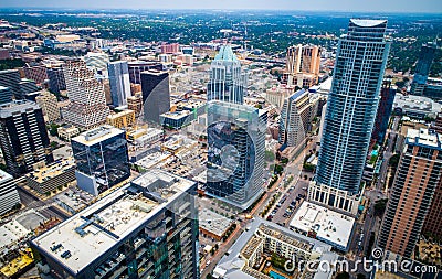 Aerial drone view high above Austin Texas Skyline Cityscape new modern skyscrapers Stock Photo