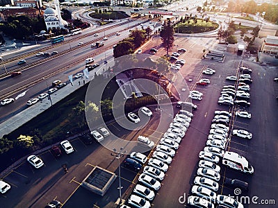 Aerial Drone View of Istanbul City Car Park and Highway. Filtered Magenta Filter Stock Photo