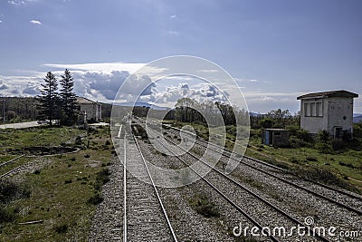 Aerial drone view landscape abandoned train station in Gascones sierra north of Madrid, Spain, in sunny winter day Stock Photo