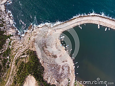 Aerial Drone View of Marina Pier with Boats in Erdek Turankoy / Balikesir Stock Photo