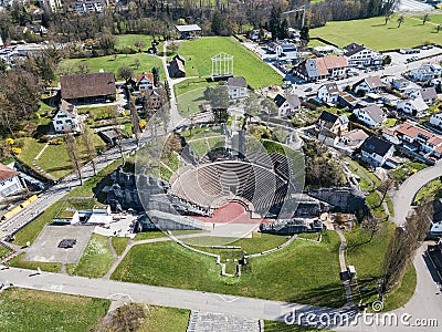 Aerial drone view over the ancient Roman amphitheater at Augusta Raurica in Kaiseraugst Stock Photo