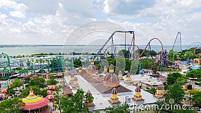 Aerial / drone view over Cedar Point Amusement Park Editorial Stock Photo