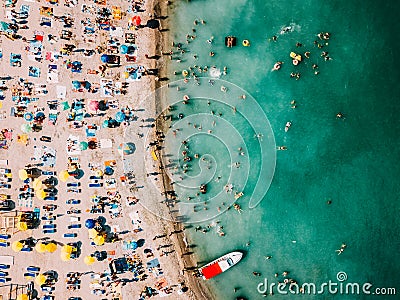 Aerial Drone View Of People Having Fun And Relaxing On Costinesti Beach In Romania Stock Photo