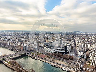 Aerial drone view of the Radio France headquarters and Maison de la Radio building, Paris, France Stock Photo