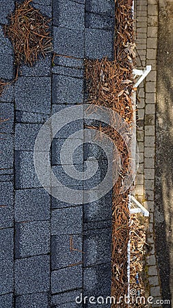 Aerial drone view of residential rain gutter eavestrough filled with pine needles and tree debris Stock Photo