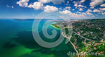 Aerial drone view of sea and coast above Varna, Bulgaria. Beautiful summer day. Stock Photo