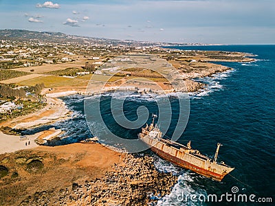 Aerial drone view ship wreck on the beach. Pegeia near Paphos on Cyprus. Editorial Stock Photo