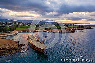 Aerial drone view ship wreck on the beach. Pegeia near Paphos on Cyprus Editorial Stock Photo