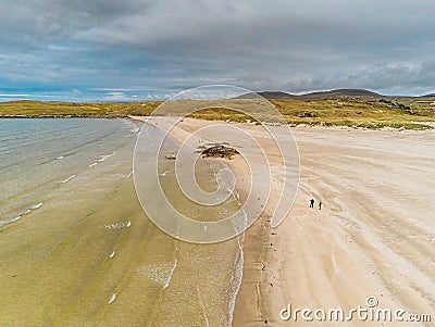 Aerial drone view on Silver strand beach in county Mayo, Ireland. Long sandy beach with beautiful views and peaceful atmosphere Stock Photo